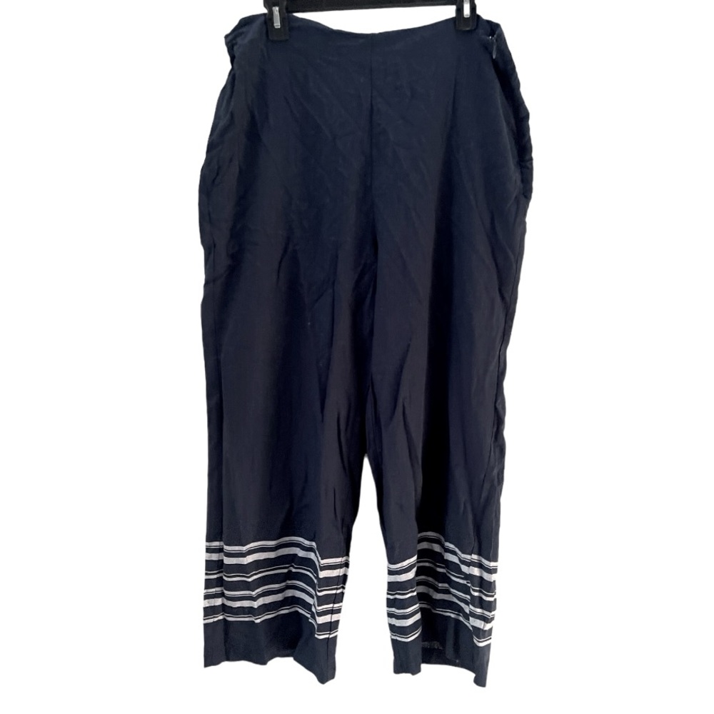 Ecru Navy Blue Linen Blend Tapered Leg Pants with White Stripes L